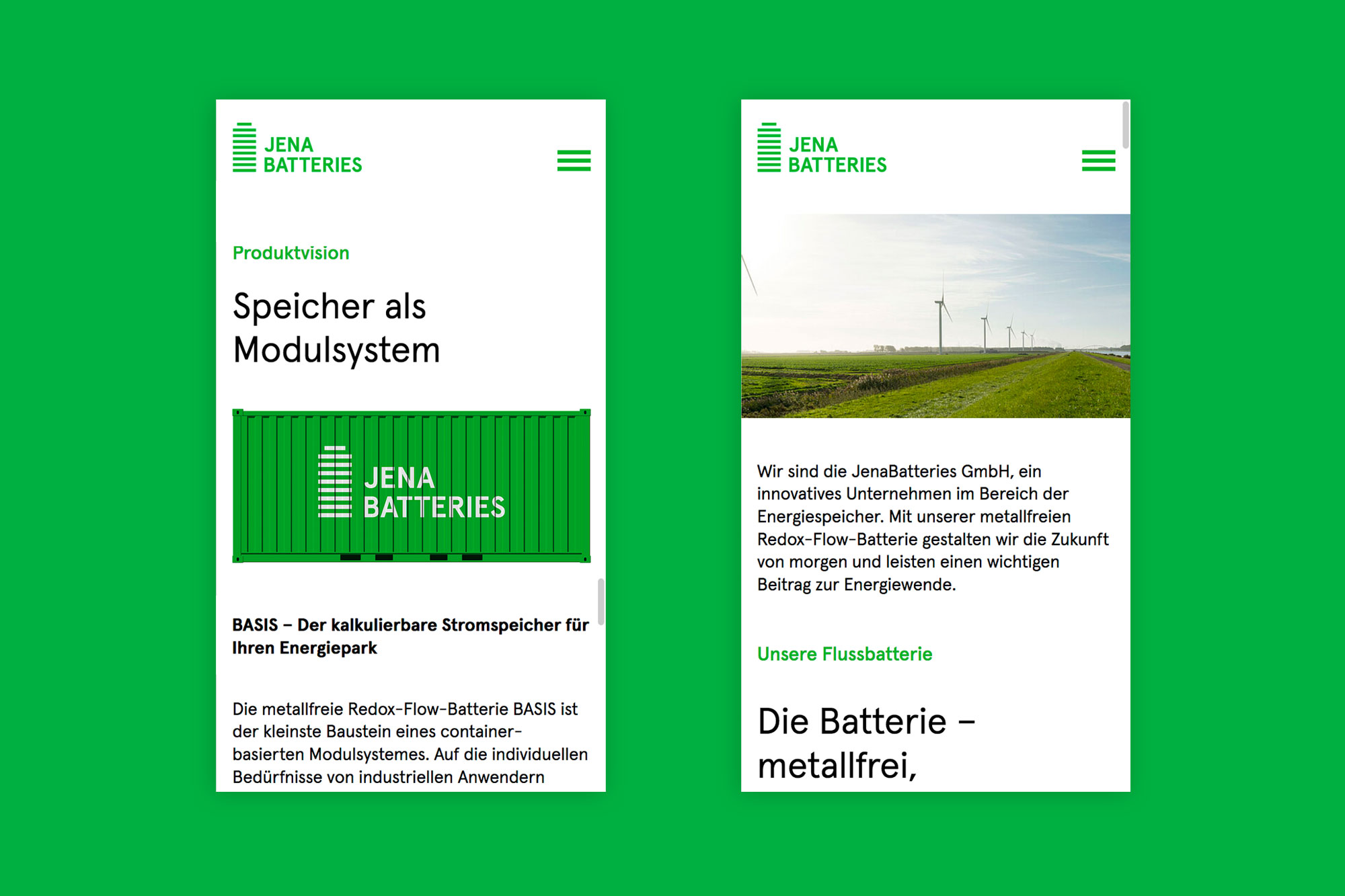 mobile Version der Jena Batteries Webseite auf grünem Hintergrund nebeneiander angeordnet.