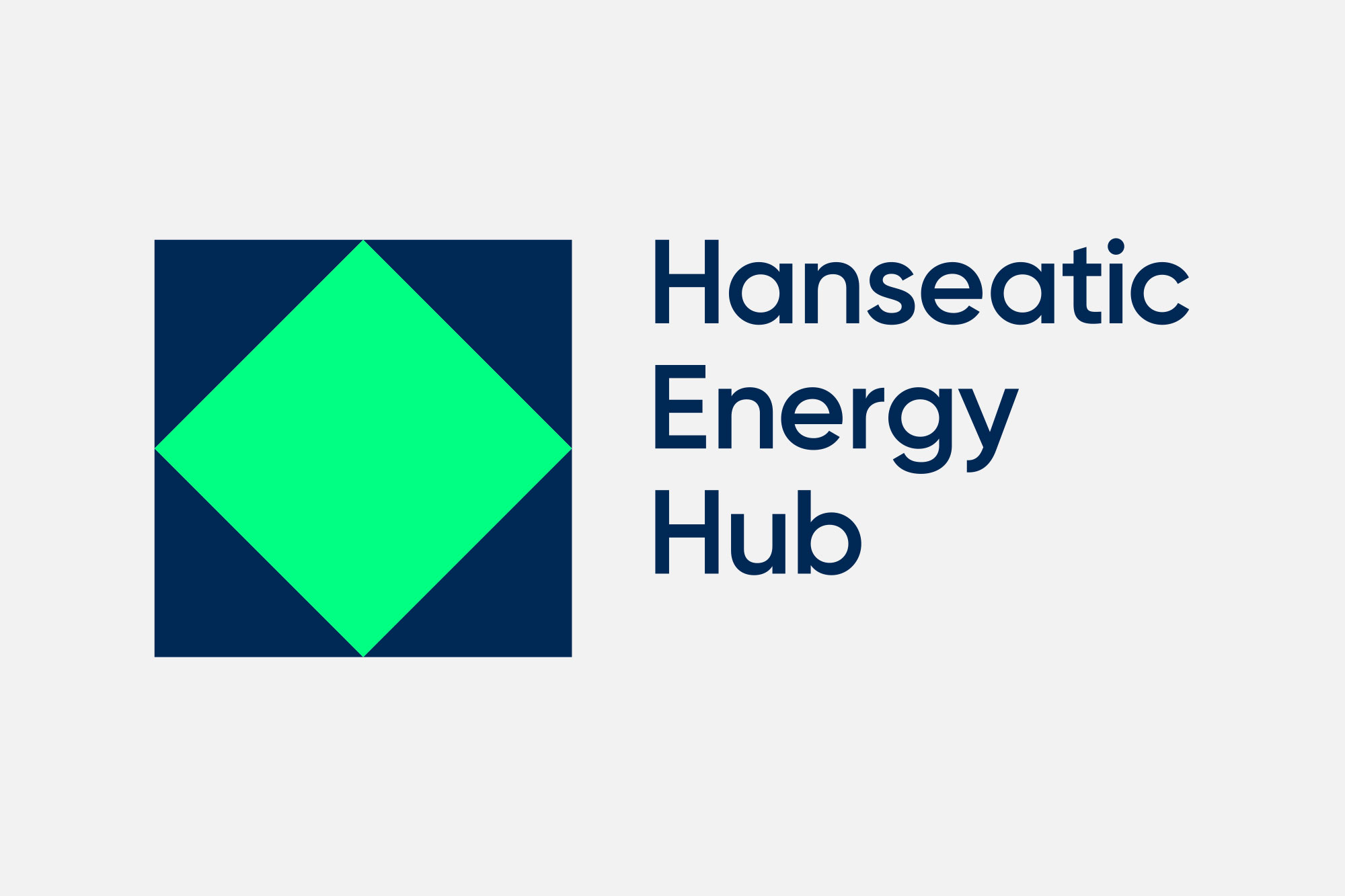Hanseatic Energy Hub Logo in dunkelblau und knallgrün auf grauem Hintergrund