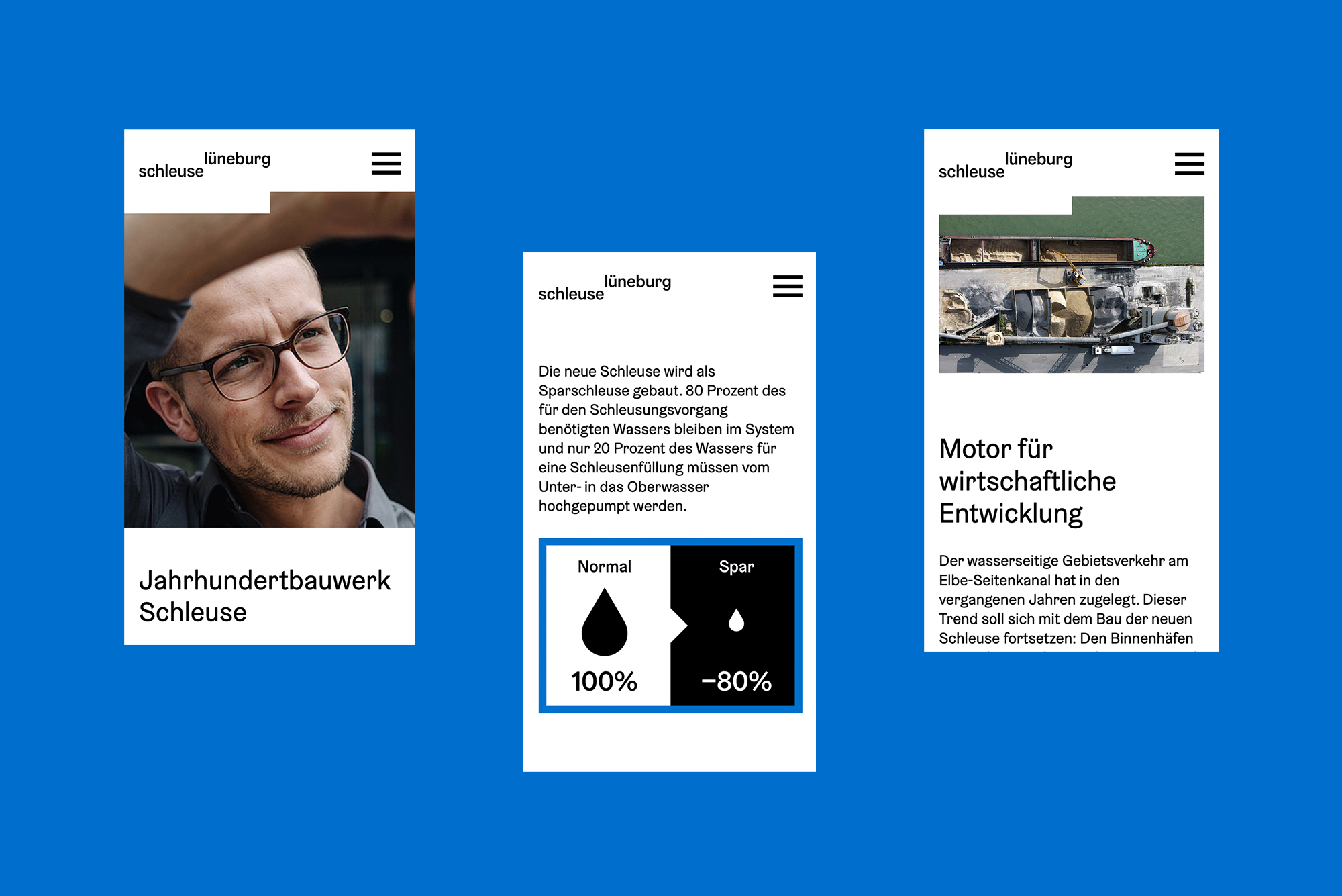 Abbildungen der mobilen Version der Website für die Schleuse Lüneburg auf blauem Hintergrund.