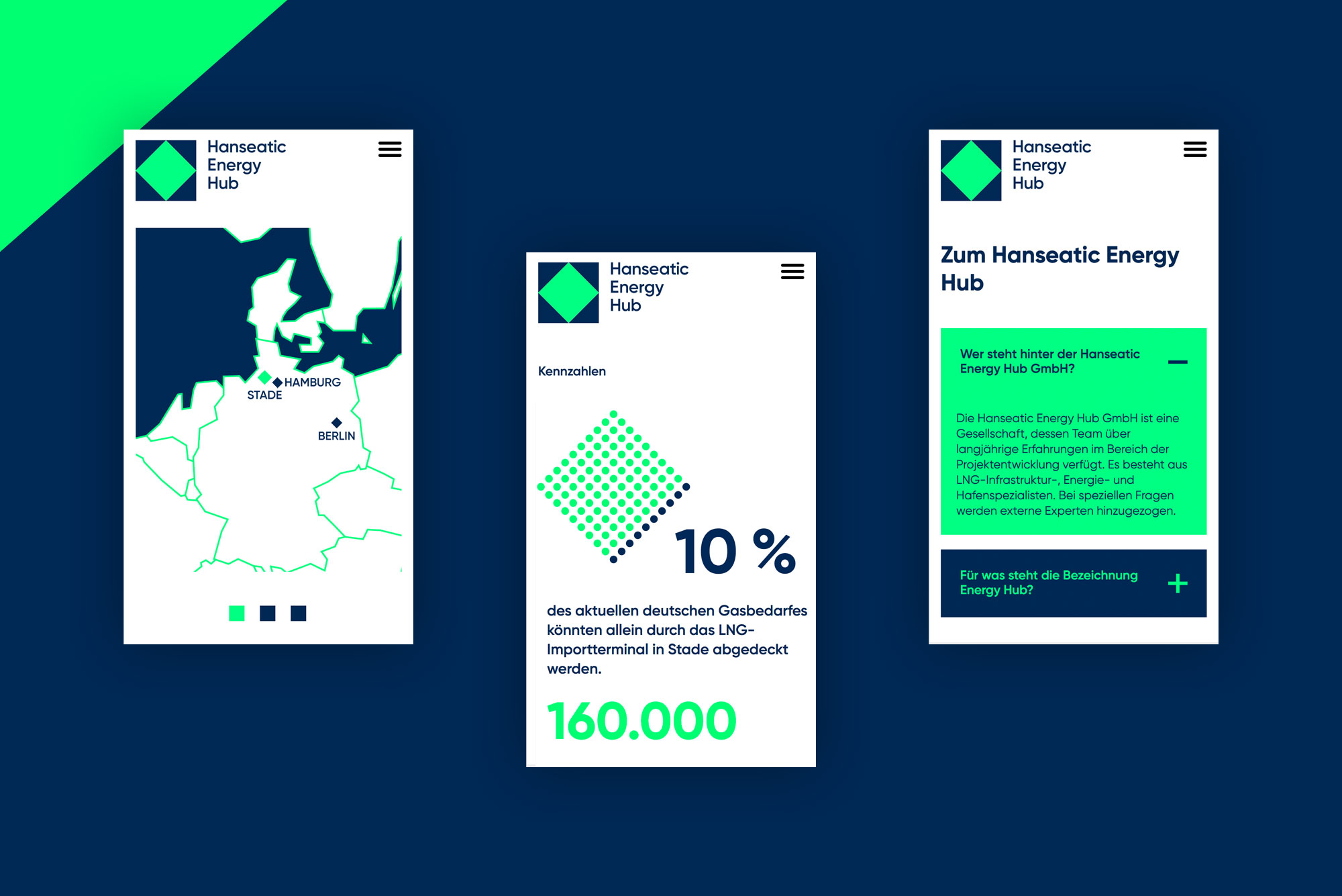 Bild der Hanseatic Energy Hub Webseite auf dunkelblauem Hintergrund.