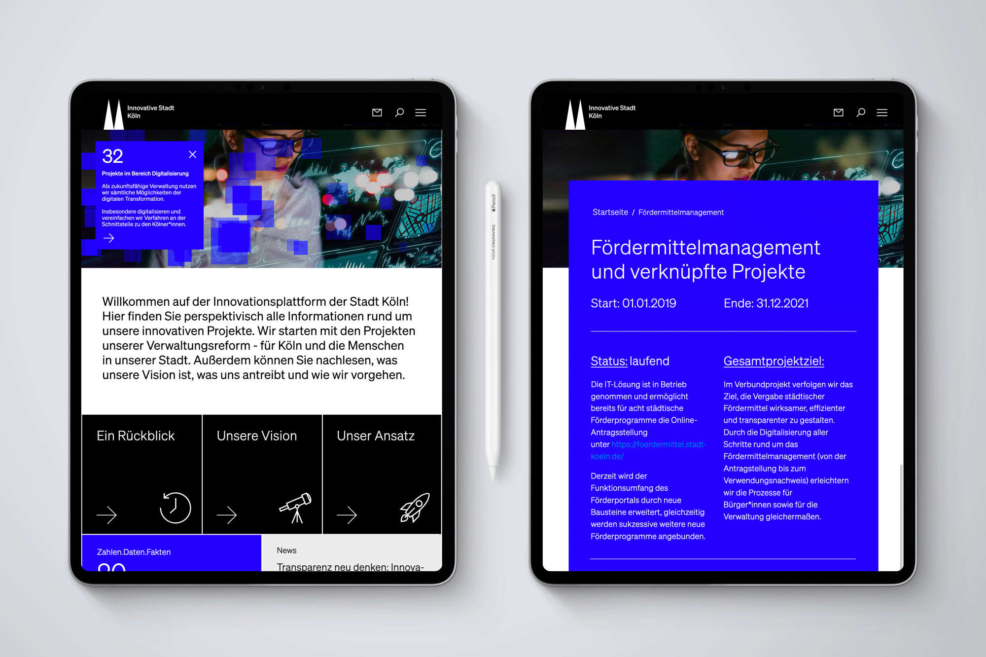 iPad on gray background showing the website Innovationsportal Köln.