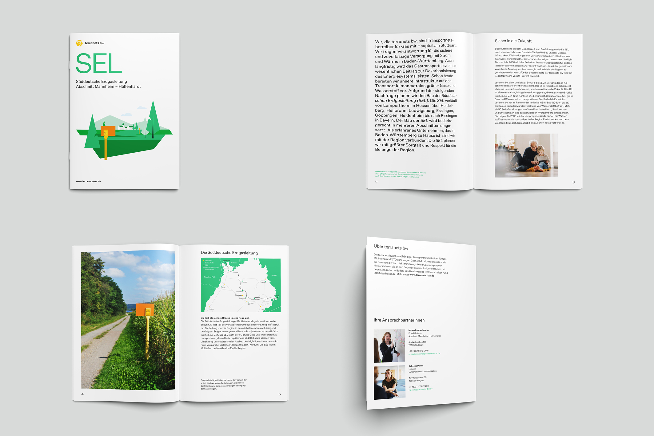 SEL brochure images on gray background. SEL stands for Süddeutsche Erdgasleitung (South German natural gas pipeline).
