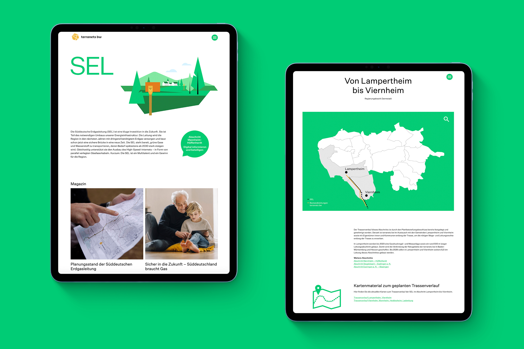 Zwei iPads, nebeneinander auf grünem Hintergund liegend, zeigen die Website der SEL – Süddeutschen Erdgasleitung.