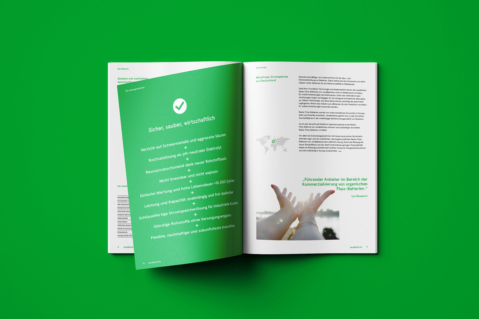 Photo of the info brochure for Jena Batteries on green background.